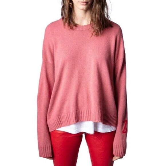 Zadig & Voltaire Markus Cashmere Sweater Womens Large Rose Pink Logo $478 - Picture 1 of 5
